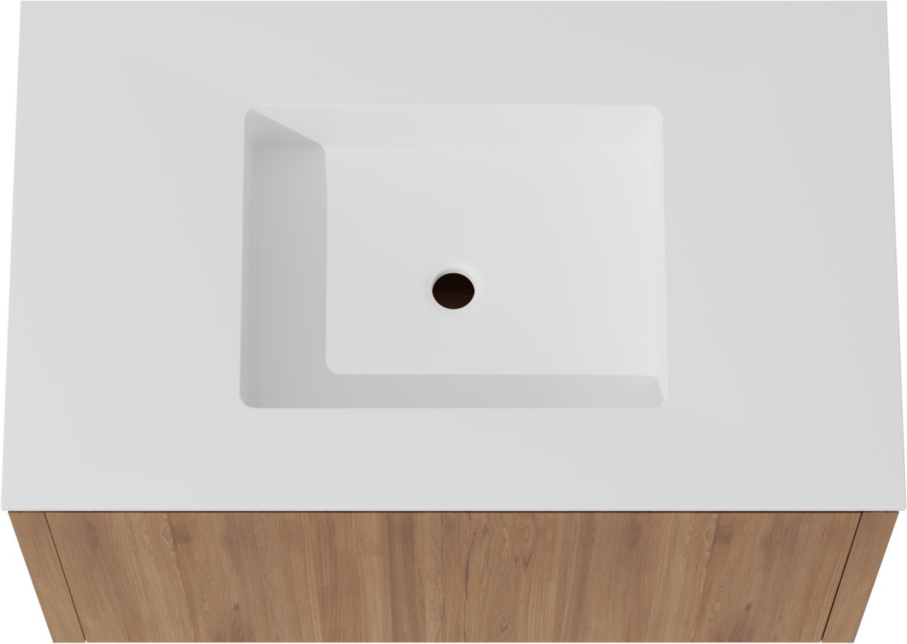 Balmani Eclips zwevend badkamermeubel 90 x 55 cm Teak met Tablo Stretto enkele wastafel in Solid Surface mat wit