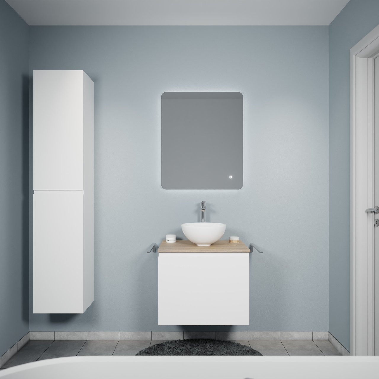 Linie Lado zwevend badmeubel 60 x 46 cm hoogglans wit met Lado enkel wastafelblad in melamine naturel eiken