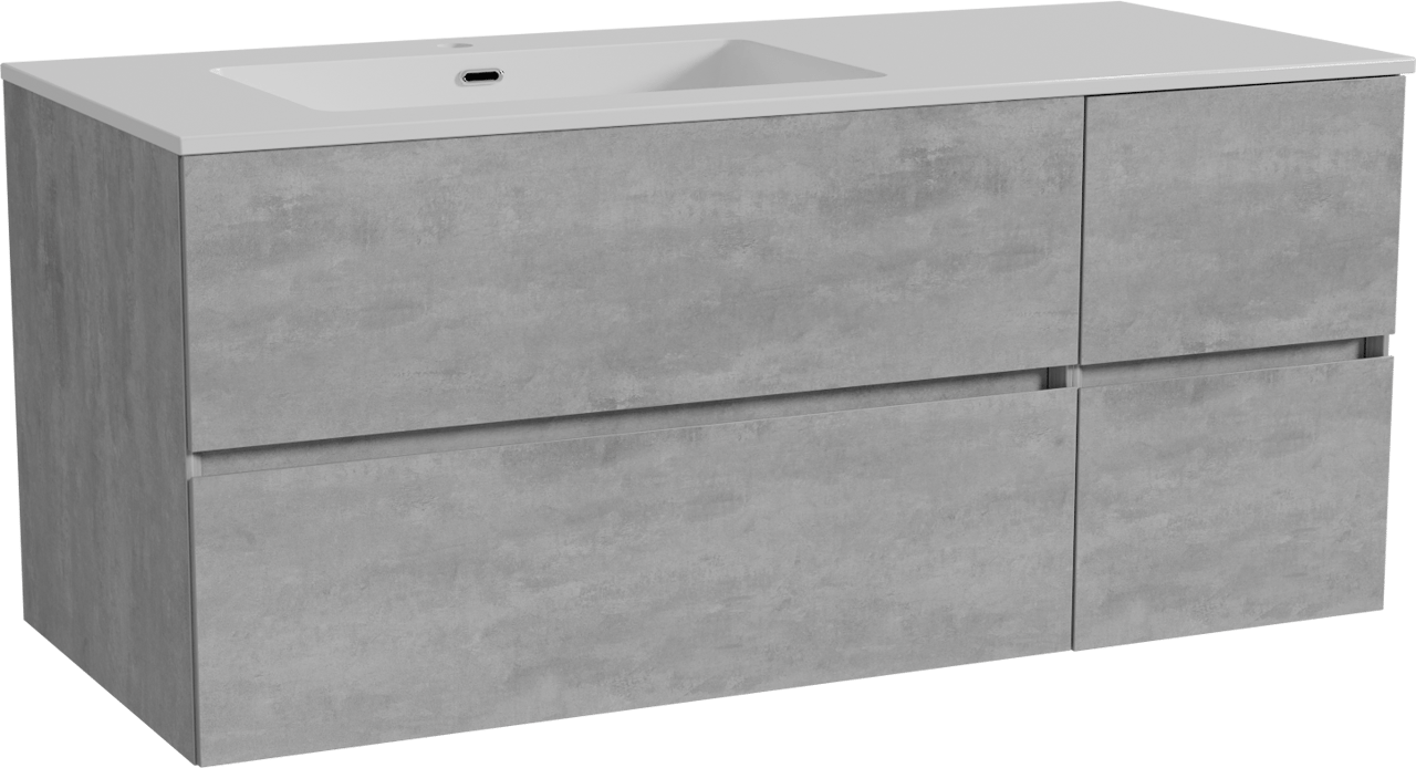Storke Edge zwevend badmeubel 120 x 52 cm beton donkergrijs met Diva asymmetrisch linkse wastafel in composietmarmer hoogglans wit