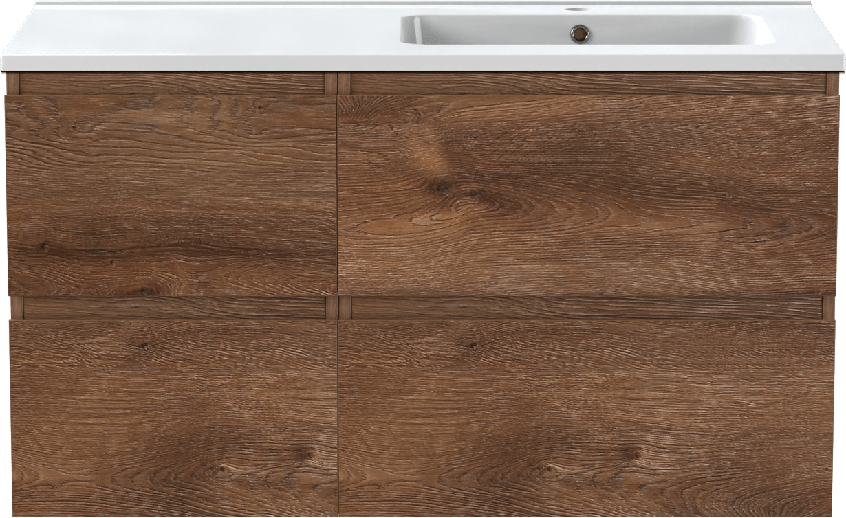 Linie Lado meuble salle de bains suspendu 100 x 46 cm chêne brun avec Vano vasque asymétrique droite en marbre composite blanc brillant