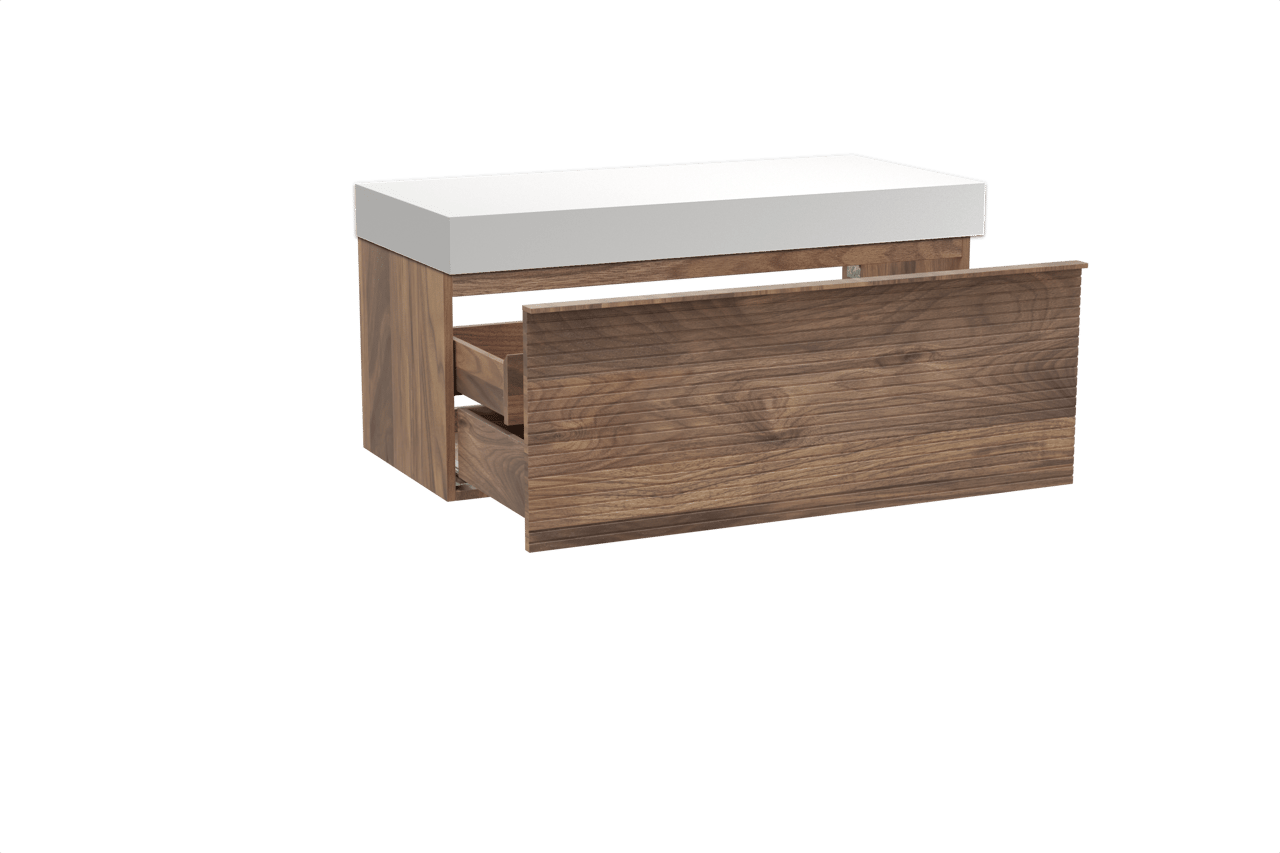 Balmani Forma hängendes Möbelstück Set: 120 x 55 cm, Amerikanischer Nussbaum, mit Dominus Einzel- oder Doppel Waschtischplatte, Solid Surface, Weiß matt, Horizontale symmetrische gerade Rippe