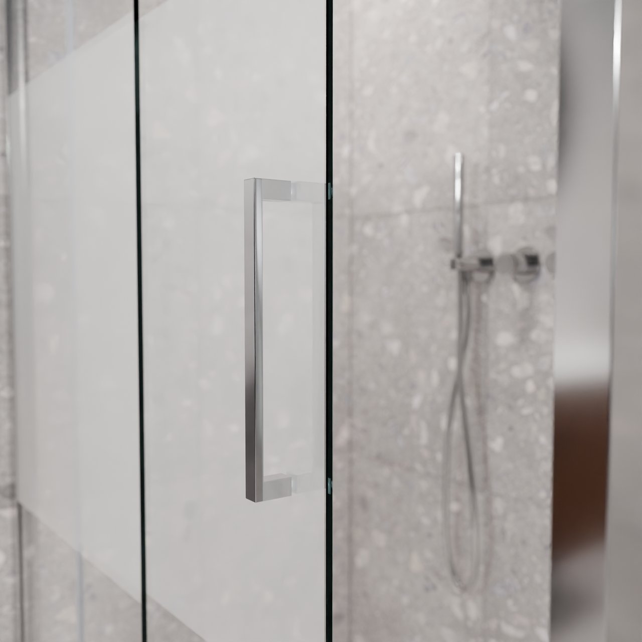 Balmani Senses Design douche d'angle avec porte coulissante à gauche et paroi latérale fixe, 160 x 100 cm, Verre transparent avec bande mate, Profil Chrome brillant