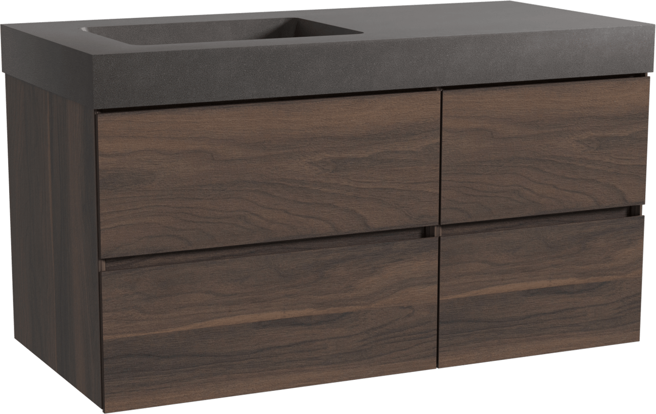 Storke Edge zwevend badkamermeubel 110 x 52 cm notelaar met Scuro High asymmetrisch linkse wastafel in kwarts mat zwart