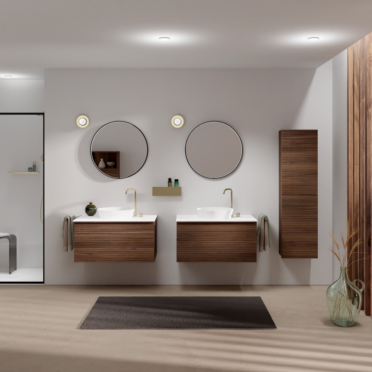 Balmani Forma meuble salle de bains suspendu 90 x 55 cm noyer américain avec Stretto tablette simple en solid surface blanc mat, Nervure droite symétrique horizontale