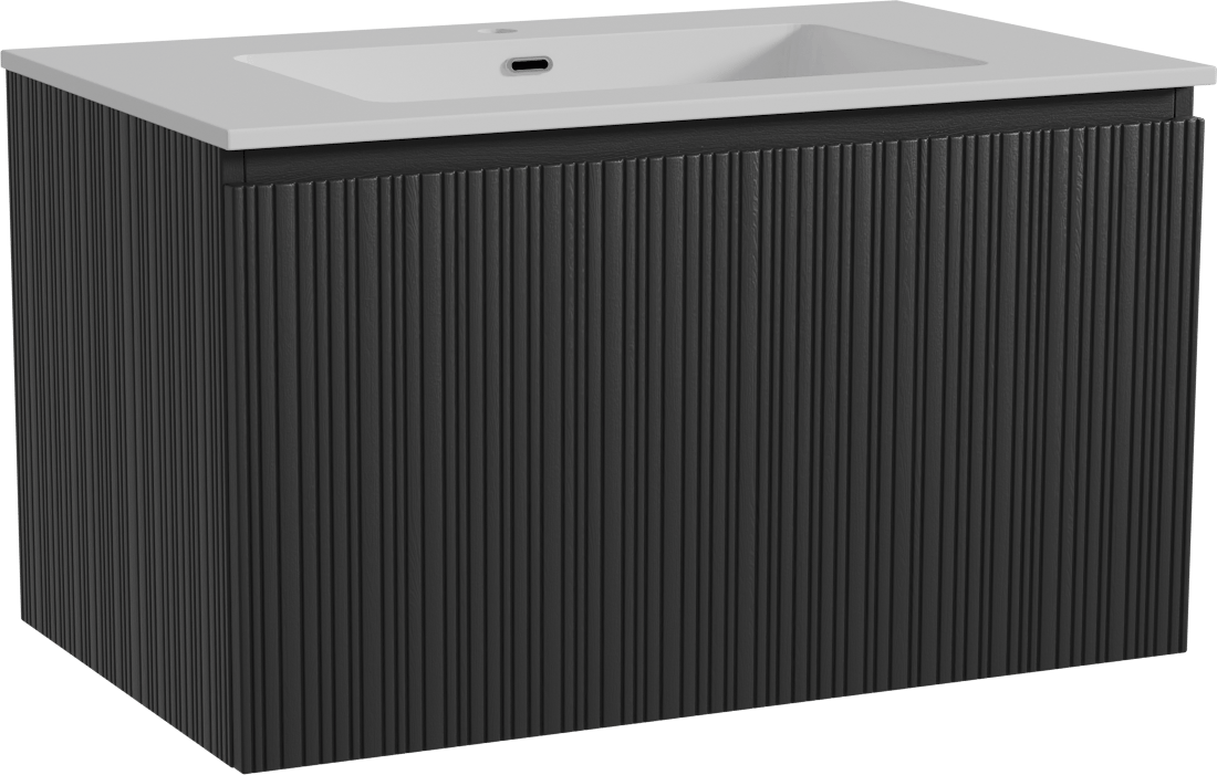 Storke Ribs zwevend badkamermeubel 85 x 52 cm zwarte eik met Diva enkele wastafel in composietmarmer glanzend wit, Verticale asymmetrische rechte ribbel