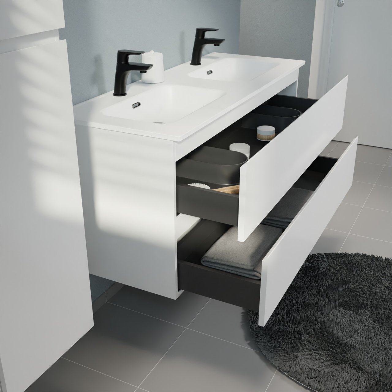 Linie Lado meuble salle de bains suspendu 120 x 46 cm blanc mat avec Baro double vasque en porcelaine blanc mat