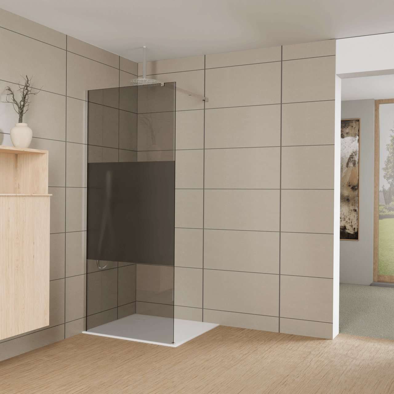 Balmani Modular inloopdouche: 90 x 200 cm, Rookglas met matte strook met coating, Glanzend chroom profielen
