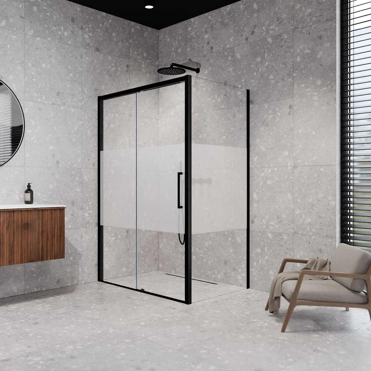 Balmani Senses Design Eckdusche: Schiebetür (Links) mit fixierte Seitenwand, 140 x 80 cm, Klarglas mit mattiertem Streifen, Profil Schwarz matt, inklusive Coating