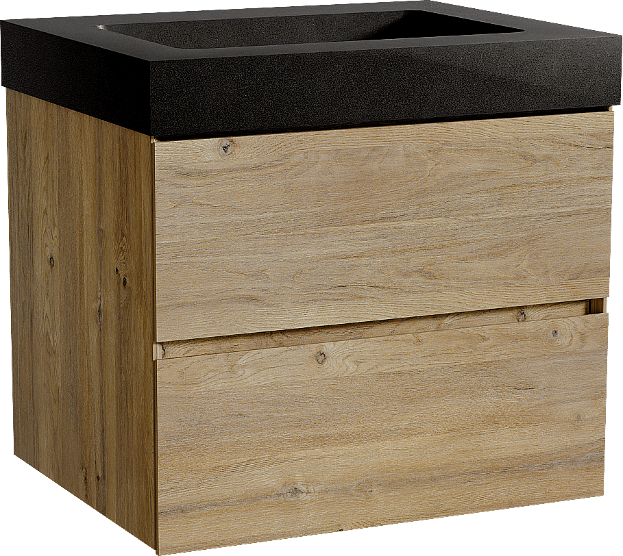 Storke Edge zwevend badkamermeubel 65 x 52 cm ruwe eik met Scuro High enkele wastafel in kwarts mat zwart