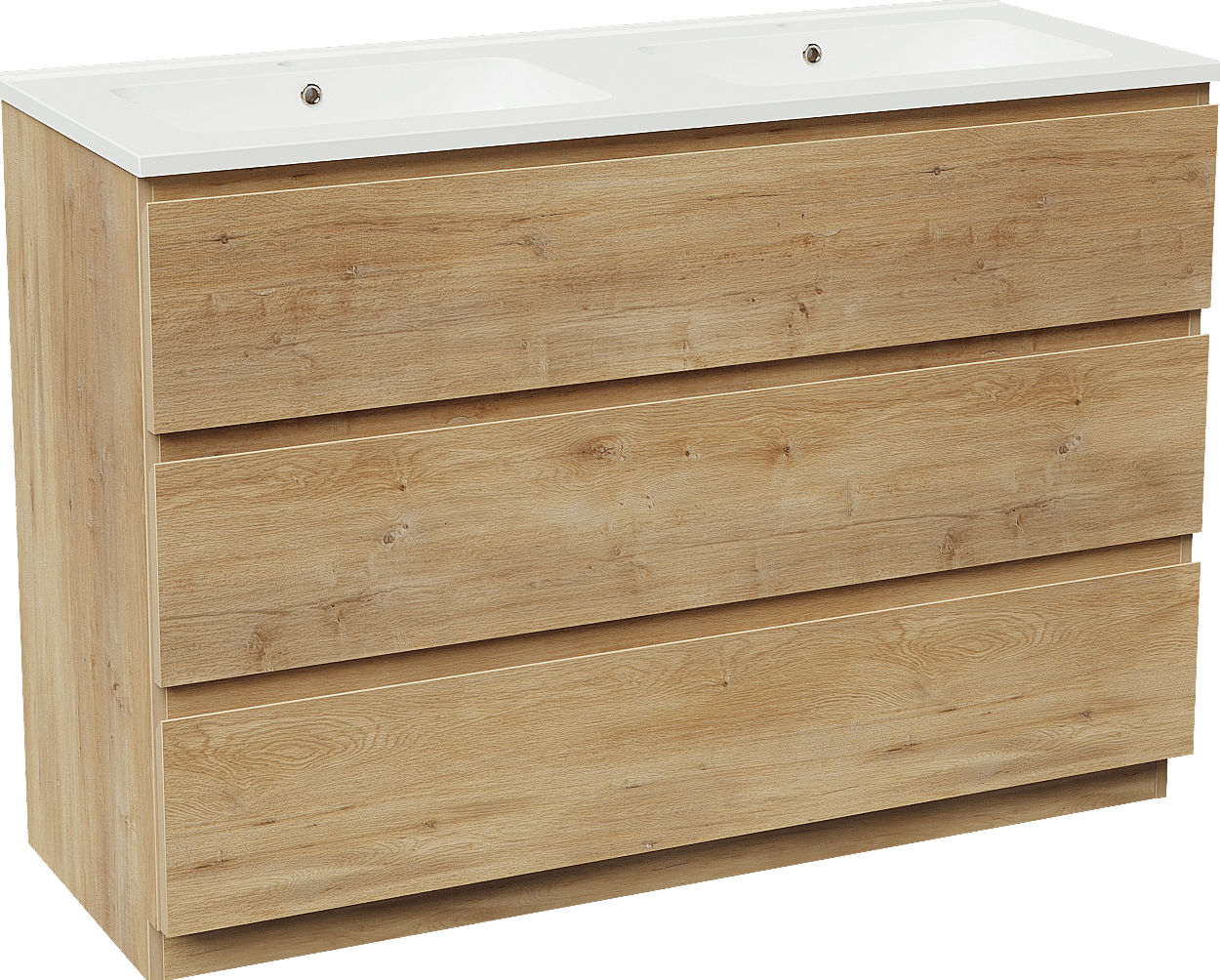 Linie Lado freistehendes Möbelstück Set: 120 x 46 cm, Naturbelassene Eiche, mit Vano Doppelwaschtisch, Marmorkomposit Weiß glänzend