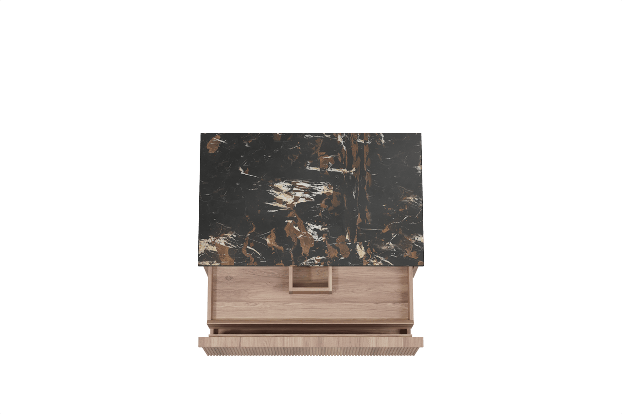 Balmani Forma hängendes Möbelstück Set: 90 x 55 cm, Teak, mit Stretto Einzel Waschtischplatte, Marmor, Portoro Gold, Vertikale symmetrische gerade Rippe