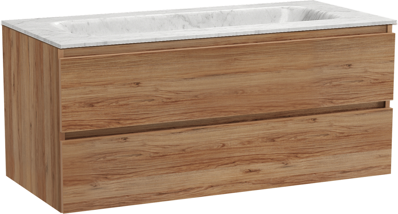 Balmani Lucida hängendes Möbelstück Set: 120 x 55 cm, Teak, mit Tablo Arcato Einzelwaschtisch, Marmor Carrara