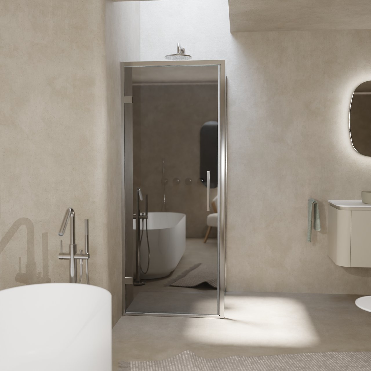 Balmani Senses Design douche en coin avec porte pivotante à gauche et paroi latérale fixe, 90 x 100 cm, Miroir Reflex, Profil chrome, coating inclus