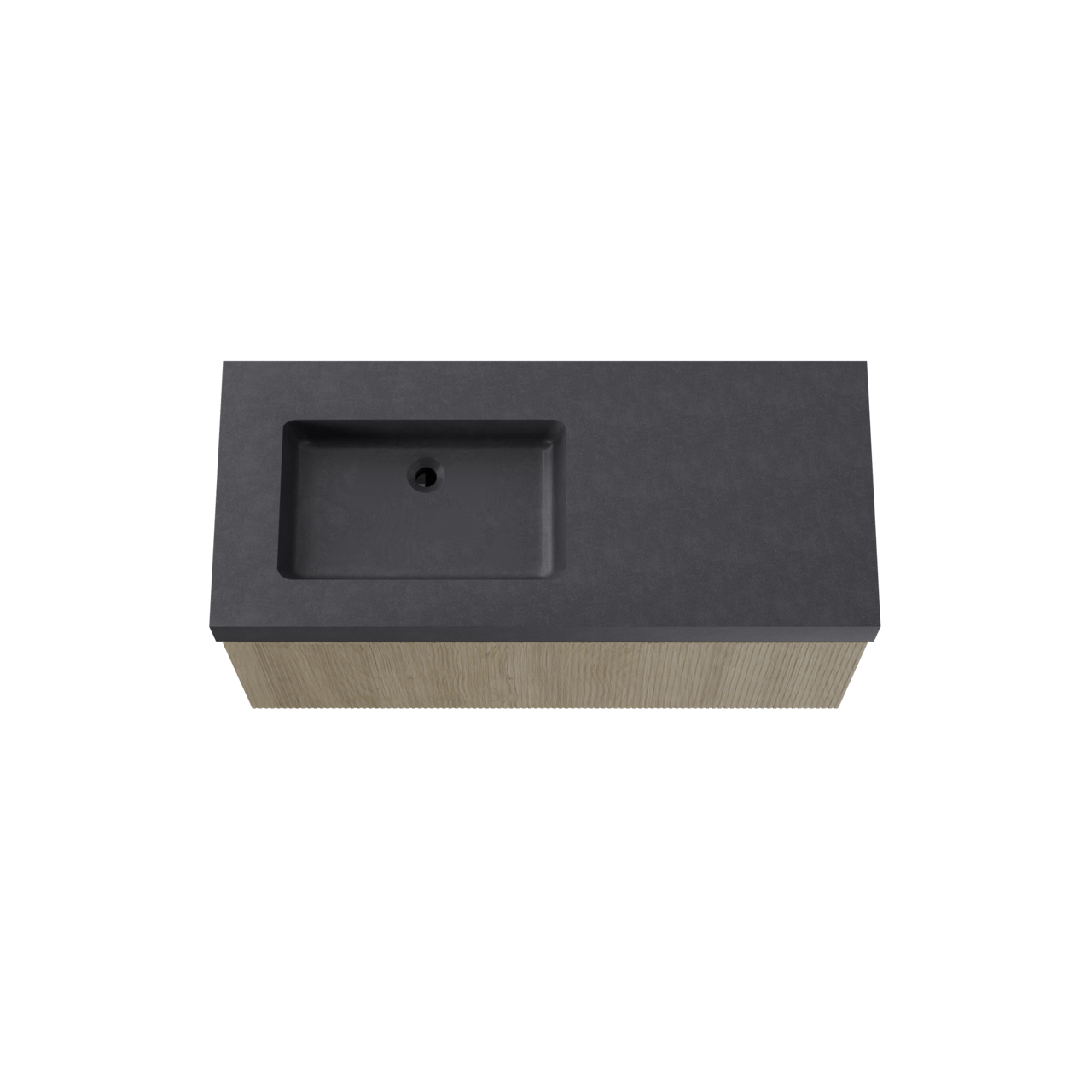 Storke Ribs zwevend badmeubel 120 x 52 cm ruw eiken met Scuro High asymmetrisch linkse wastafel in kwarts mat zwart, Verticale symmetrische rechte ribbel