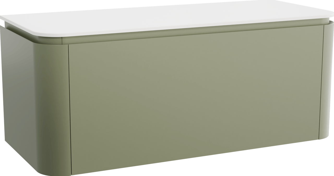 Balmani Moon zwevend badkamermeubel 130 x 55 cm saliegroen met Moon enkel of dubbel tablet in solid surface mat wit