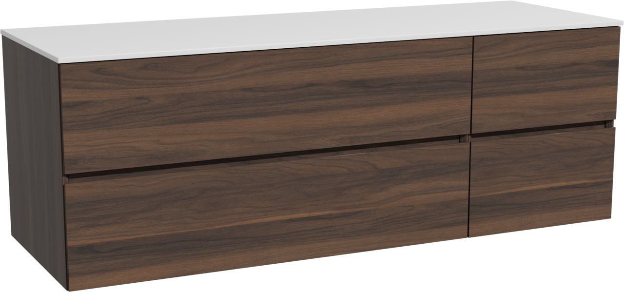 Storke Edge zwevend badkamermeubel 150 x 52 cm notelaar met Tavola enkel of dubbel tablet in solid surface mat wit