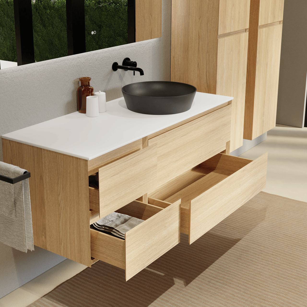 Balmani Mitra meuble salle de bains suspendu 135 x 55 cm chêne naturel avec Stretto tablette simple ou double en solid surface blanc mat