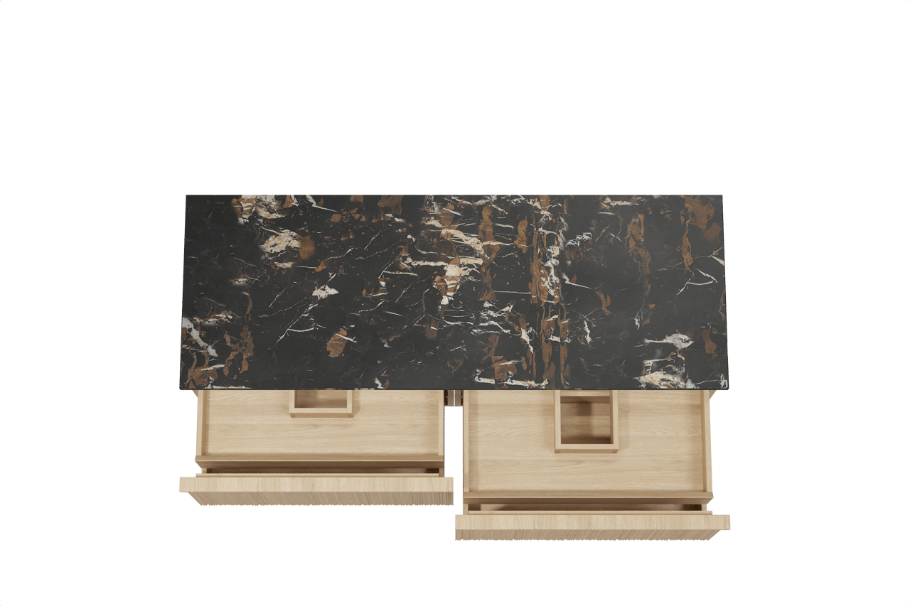 Balmani Forma zwevend badkamermeubel 150 x 55 cm natuur eik met Stretto enkel of dubbel tablet in marmer portoro gold, Verticale asymmetrische ronde ribbel