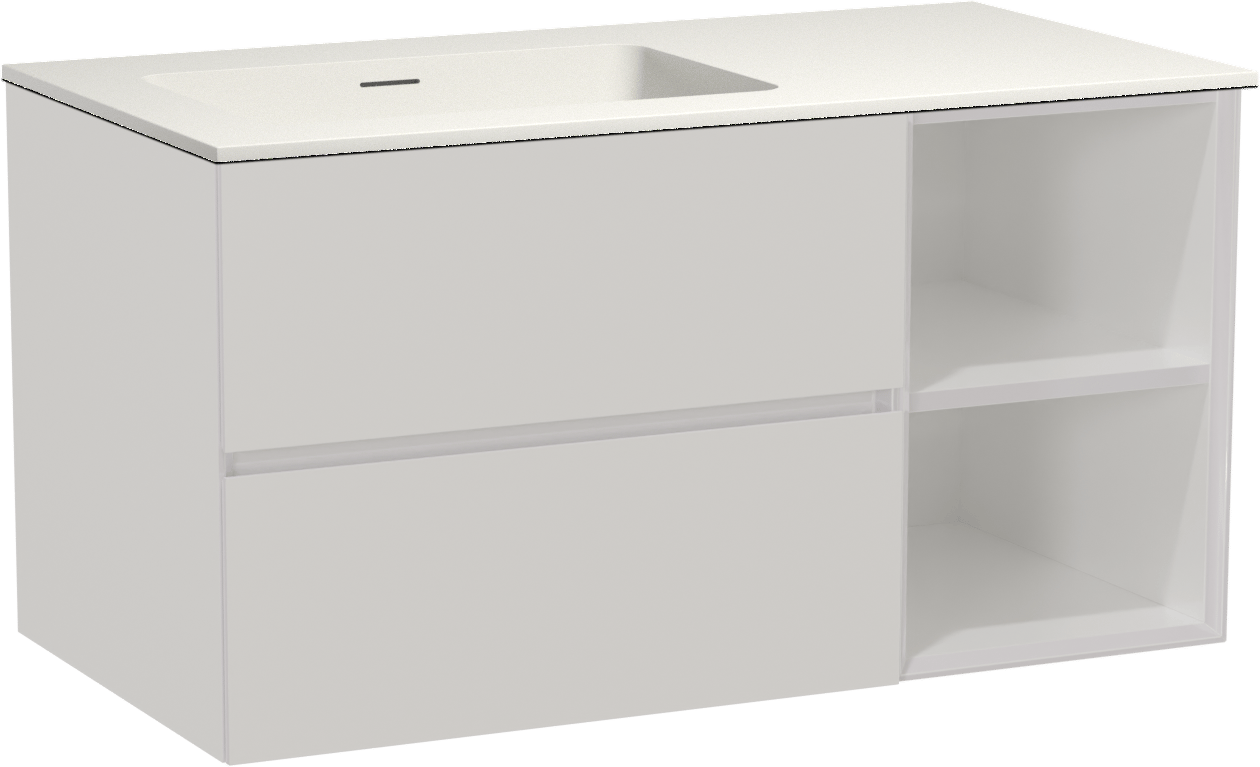 Storke Edge zwevend badkamermeubel 100 x 52 cm glanzend wit met Mata asymmetrisch linkse wastafel in solid surface mat wit