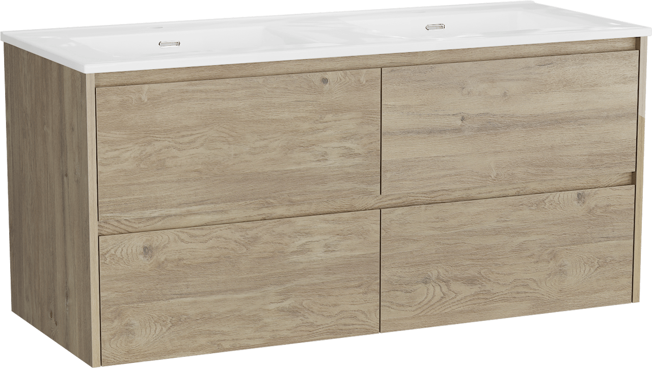 Storke Seda zwevend badkamermeubel 130 x 52 cm ruwe eik met Kera dubbele wastafel in porselein hoogglans wit, afvoerpluggen inbegrepen