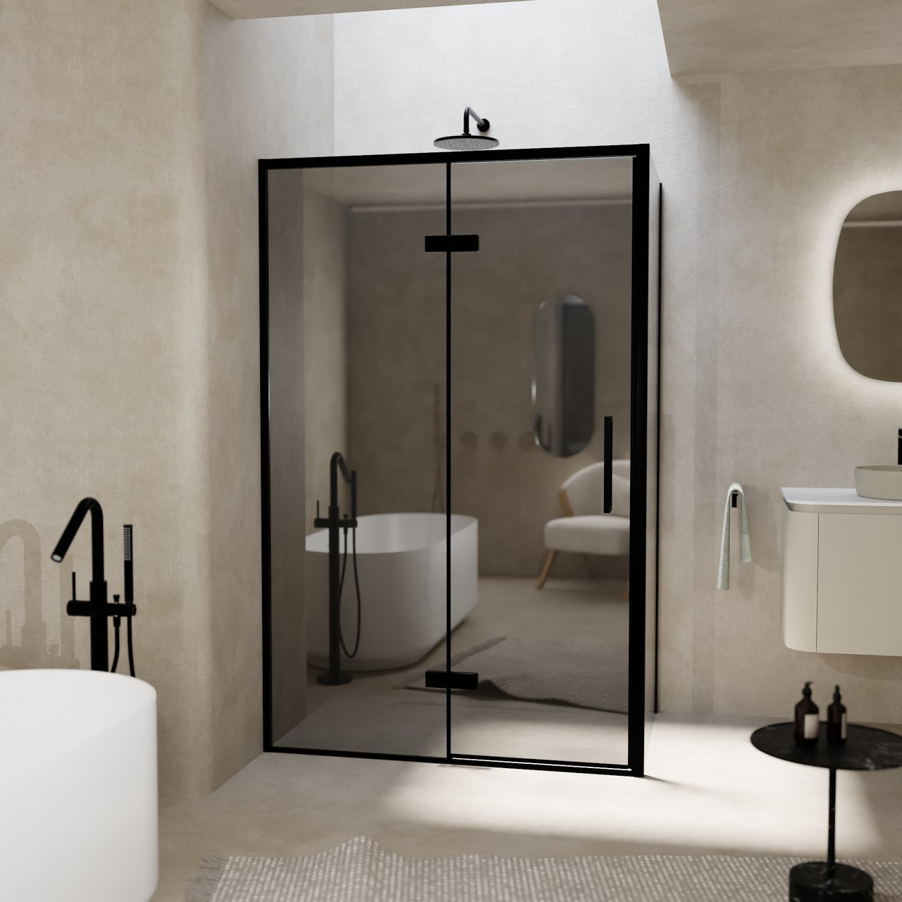 Balmani Senses Design douchehoek met linkse draaideur en vaste zijwand, 120 x 90 cm, Reflex spiegelglas, Zwarte profielen, met coating