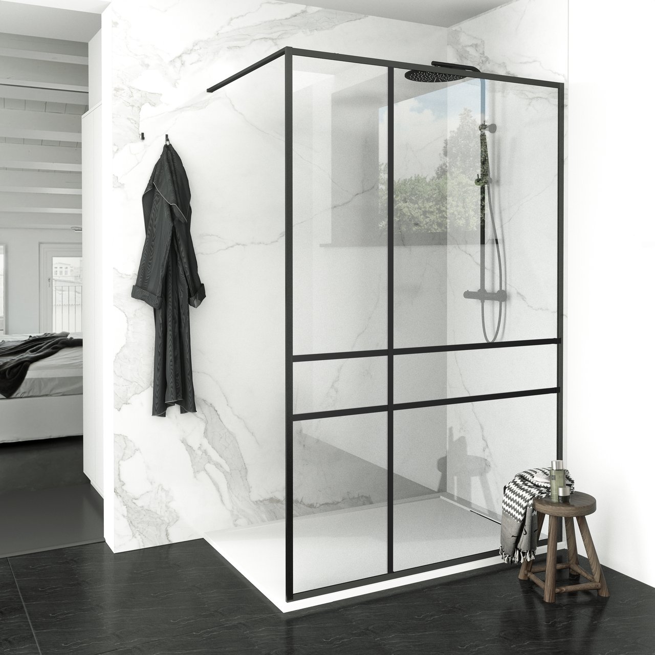 Balmani Framed Plus inloopdouche 140 x 210 cm crossed glas met coating, zwart profiel