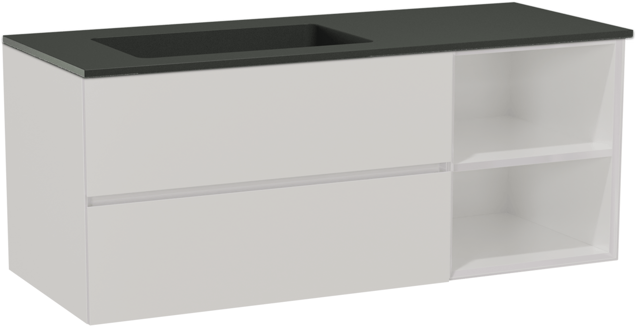 Storke Edge zwevend badmeubel 130 x 52 cm hoogglans wit met Scuro asymmetrisch linkse wastafel in kwarts mat zwart