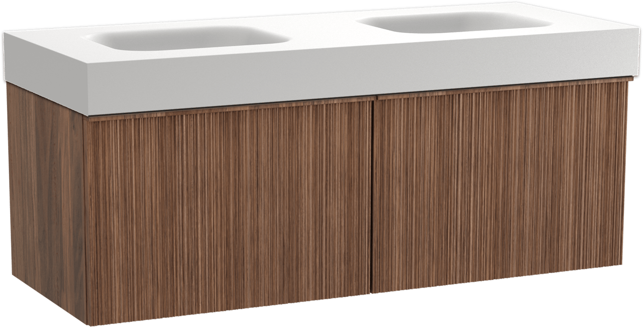 Balmani Forma zwevend badmeubel 135 x 55 cm amerikaans notenhout met Arcato dubbele wastafel in solid surface mat wit, Verticale asymmetrische ronde ribbel