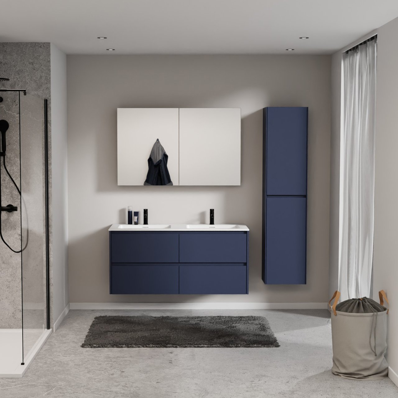 Storke Seda meuble salle de bains suspendu 130 x 52 cm bleu nuit avec Mata double vasque en solid surface blanc mat