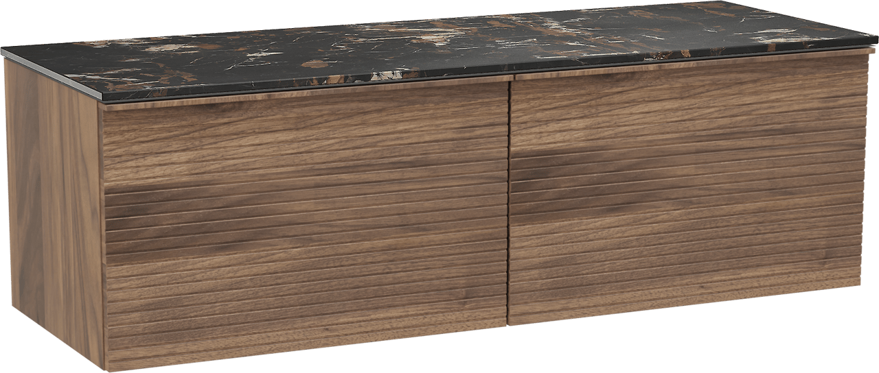 Balmani Forma zwevend badmeubel 150 x 55 cm amerikaans notenhout met Stretto enkel of dubbel wastafelblad in marmer portoro gold, Horizontale symmetrische rechte ribbel