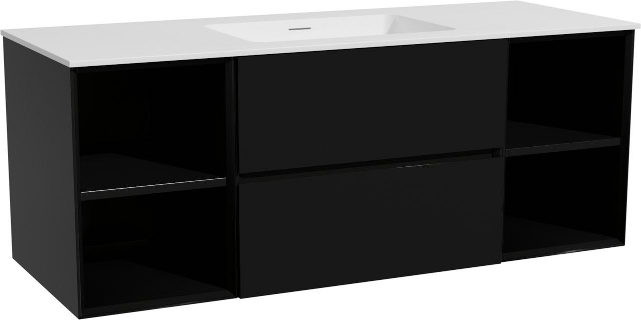 Storke Edge zwevend badmeubel 135 x 52 cm mat zwart met Mata enkele wastafel in solid surface mat wit