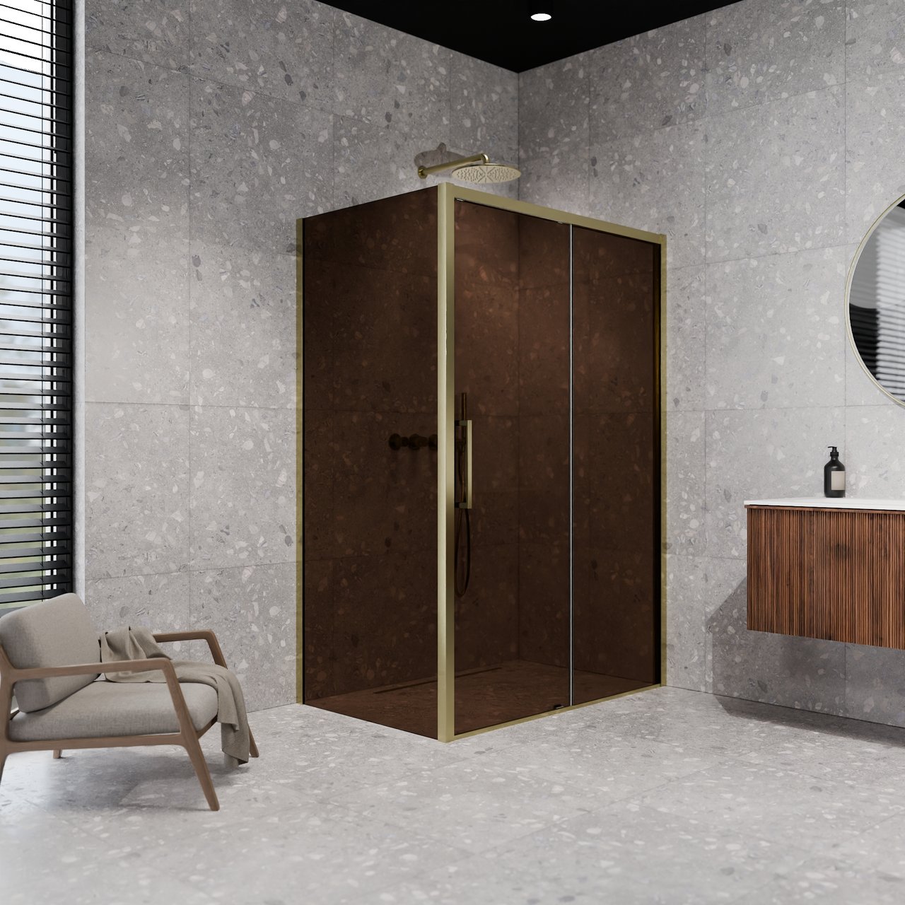 Balmani Senses Design douche d'angle avec porte coulissante à droite et paroi latérale fixe, 140 x 100 cm, Bronze, Profil Brushed Champagne Gold, coating inclus