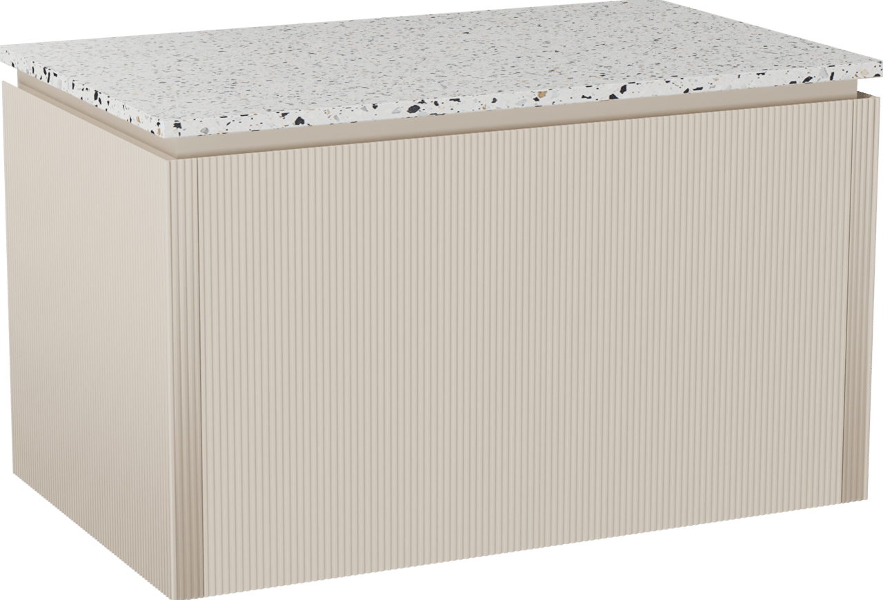 Balmani Eclips hängendes Möbelstück Set: 90 x 55 cm, Sandbeige, mit Stretto Einzel Waschtischplatte Bianco Nero Terrazzo, Vertikale symmetrische gerade Rippe