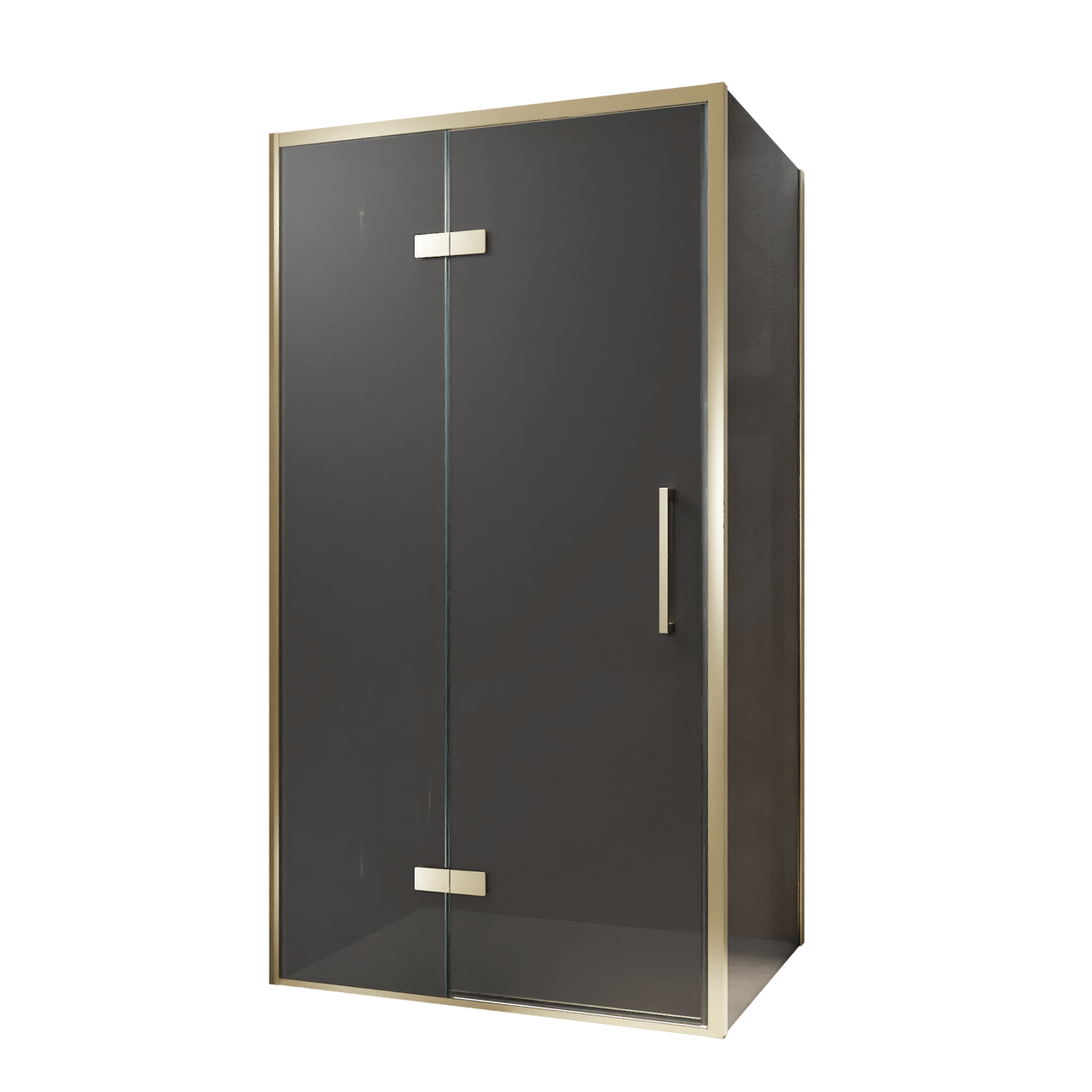 Balmani Senses Design douchehoek met linkse draaideur en vaste zijwand, 100 x 100 cm, Rookglas, Brushed Champagne Gold profielen, met coating