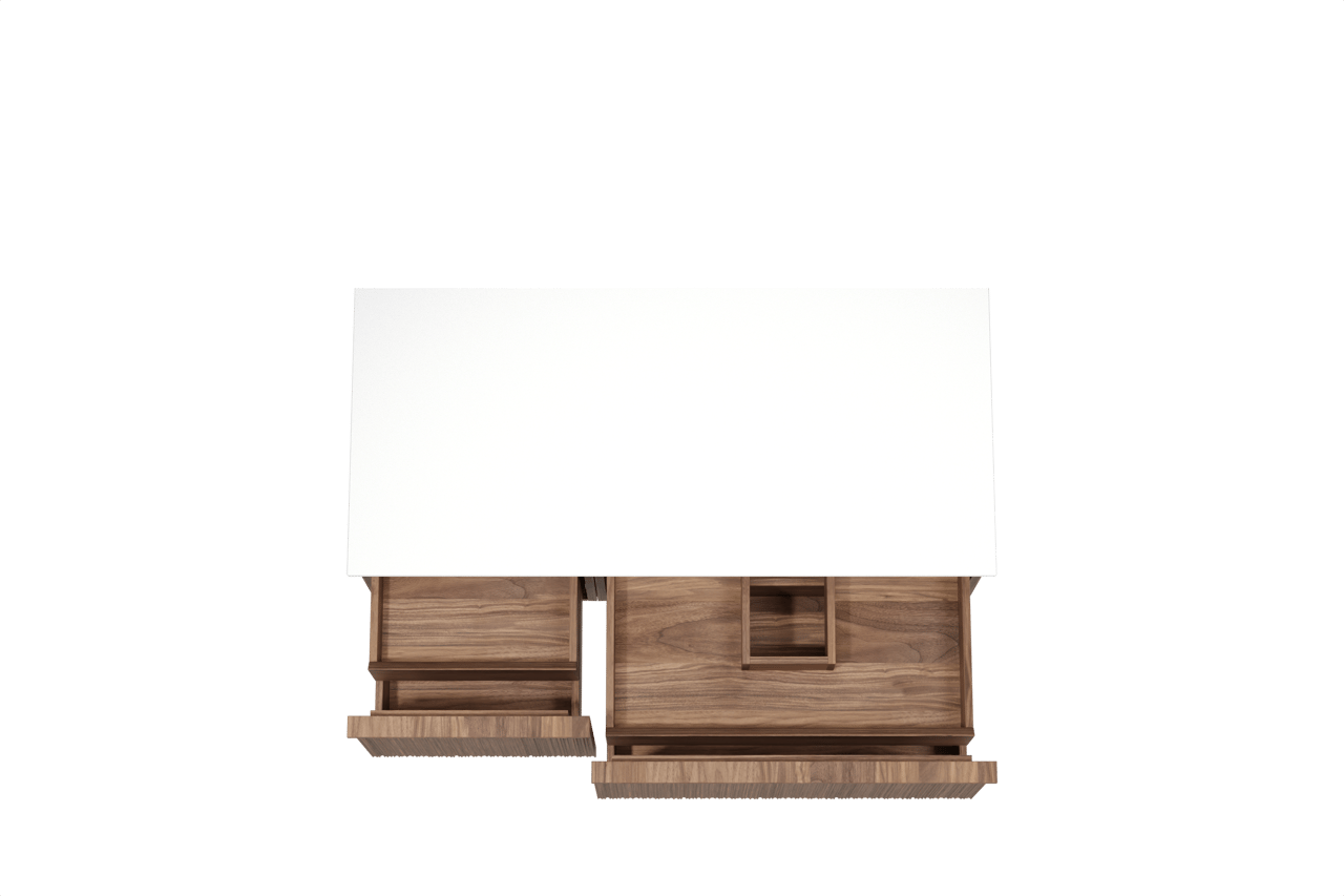 Balmani Forma zwevend badmeubel 120 x 55 cm amerikaans notenhout met Stretto enkel of dubbel wastafelblad in solid surface mat wit, Verticale asymmetrische ronde ribbel