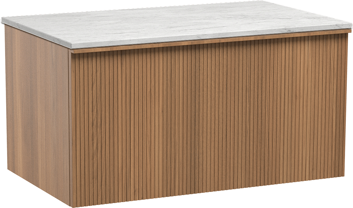 Balmani Forma hängendes Möbelstück Set: 90 x 55 cm, Teak, mit Stretto Einzel Waschtischplatte, Marmor, Carrara, Vertikale symmetrische gerade Rippe