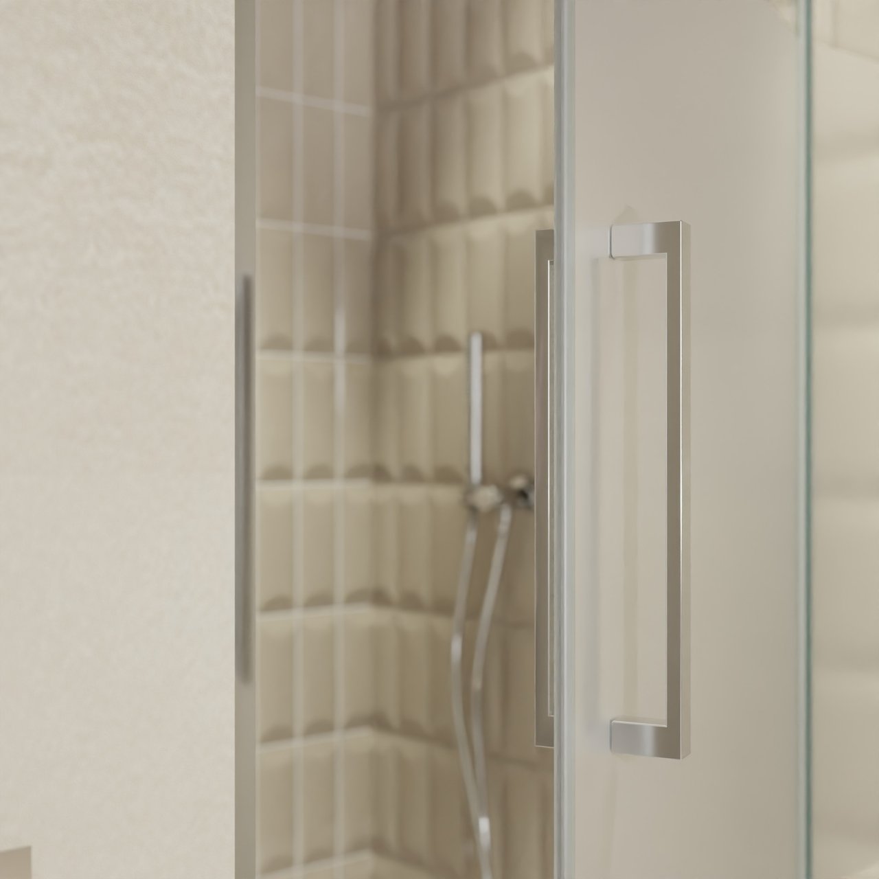 Balmani Senses Design Dusche Drehtür, Rechts, 100 cm x 210 cm, Klarglas mit mattiertem Streifen, Profil Chrom