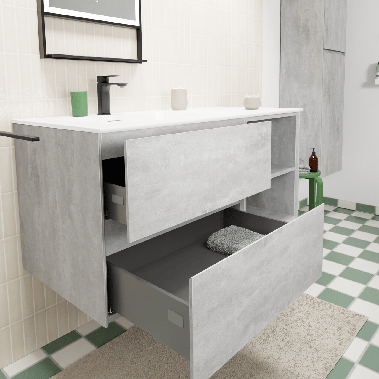 Storke Edge zwevend badkamermeubel 110 x 52 cm beton donkergrijs met Mata asymmetrisch linkse wastafel in solid surface mat wit