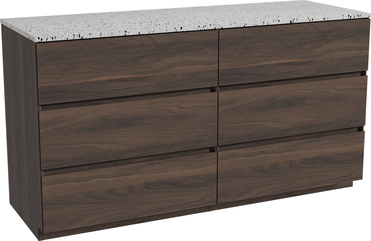 Storke Edge freistehendes Möbelstück Set: 150 x 52 cm, Nussbaum, mit Tavola Einzel- oder Doppel Waschtischplatte, Terrazzo in Weiß/Schwarz matt