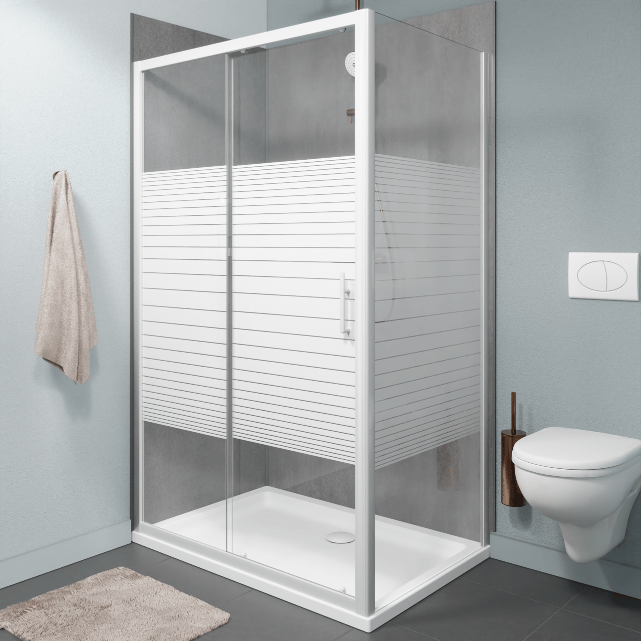 SanyOne Anton douchehoek met schuifdeur en vaste zijwand, 120 x 80 cm, gestreept glas, witte profielen