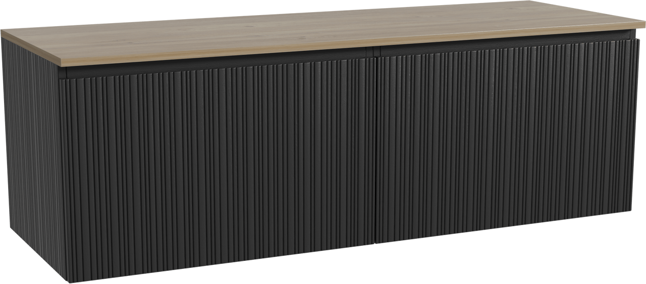 Storke Ribs zwevend badmeubel 150 x 52 cm zwart eiken met Panton enkel of dubbel wastafelblad in melamine ruw eiken, Verticale asymmetrische rechte ribbel