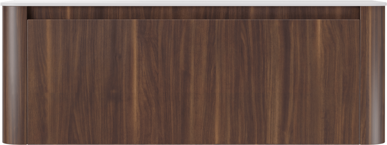 Storke Soft zwevend badmeubel 140 x 46 cm notenhout met Tavola Soft enkel of dubbel wastafelblad in solid surface mat wit