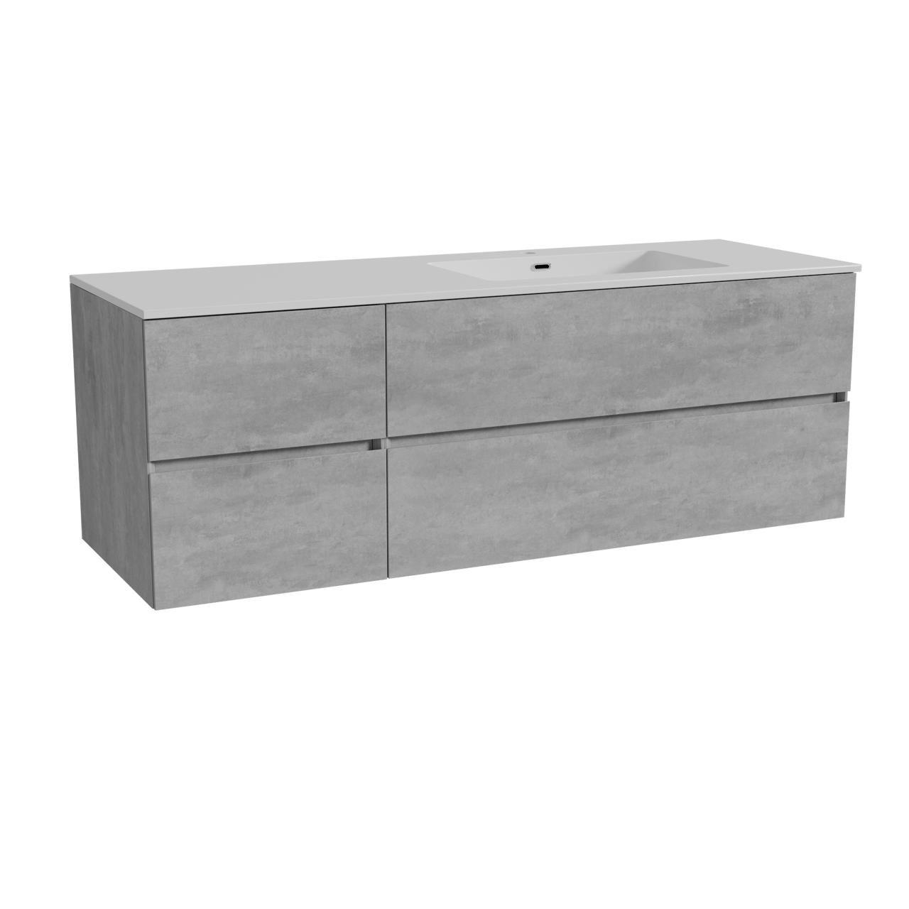 Storke Edge meuble salle de bains suspendu 150 x 52 cm béton gris foncé avec Diva plan vasque asymétrique à droite en marbre composite blanc brillant
