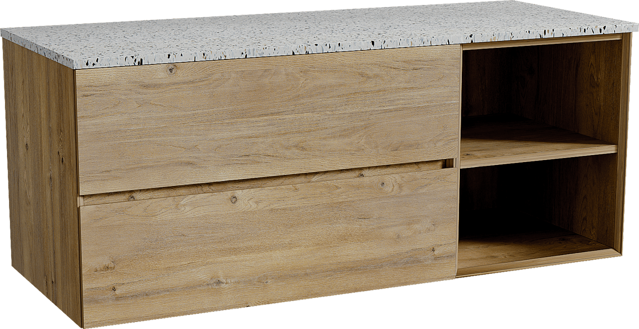Storke Edge zwevend badkamermeubel 130 x 52 cm ruwe eik met Tavola enkel of dubbel tablet in mat wit/zwart terrazzo