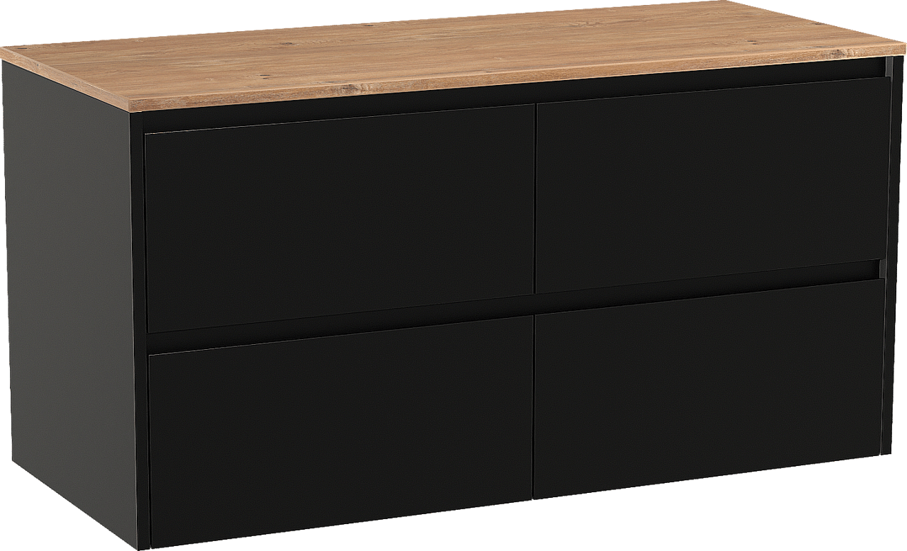 Storke Seda zwevend badkamermeubel 120 x 52 cm mat zwart met Panton enkel of dubbel tablet in melamine ruwe eik