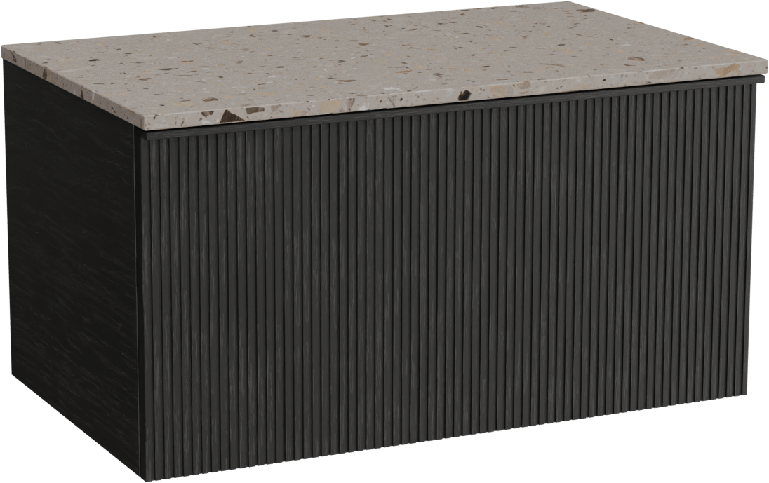 Balmani Forma zwevend badmeubel 90 x 55 cm zwart eiken met Stretto enkel wastafelblad in terrazzo greige terrazzo, Verticale symmetrische rechte ribbel