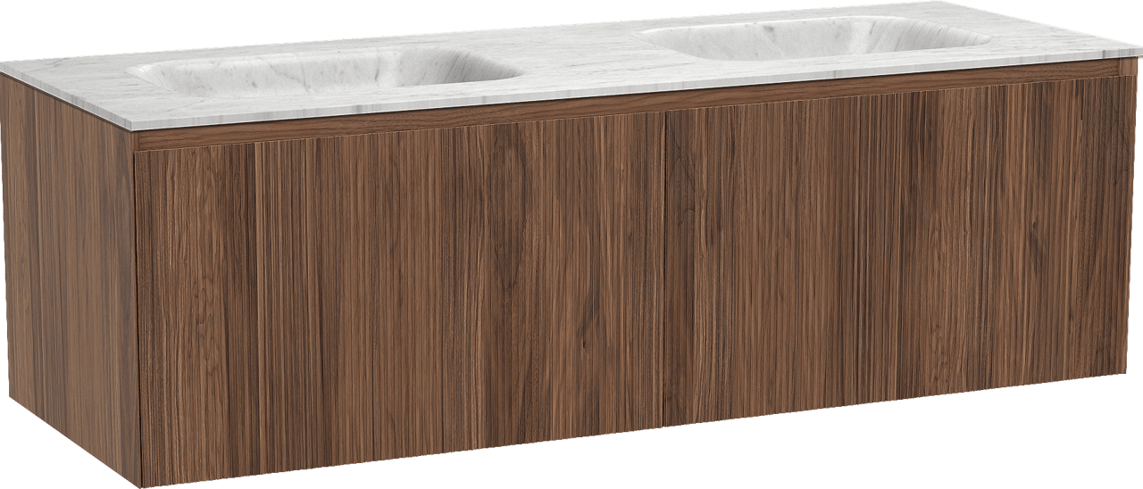Balmani Fila by Mitra zwevend badmeubel 150 x 55 cm notenhout met Tablo Arcato dubbele wastafel in marmer carrara, Verticale symmetrische rechte ribbel