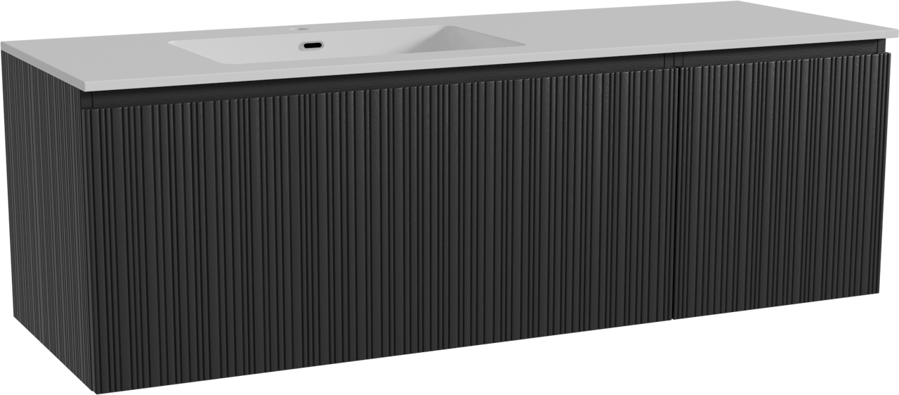 Storke Ribs zwevend badmeubel 150 x 52 cm zwart eiken met Diva asymmetrisch linkse wastafel in composietmarmer hoogglans wit, Verticale asymmetrische rechte ribbel