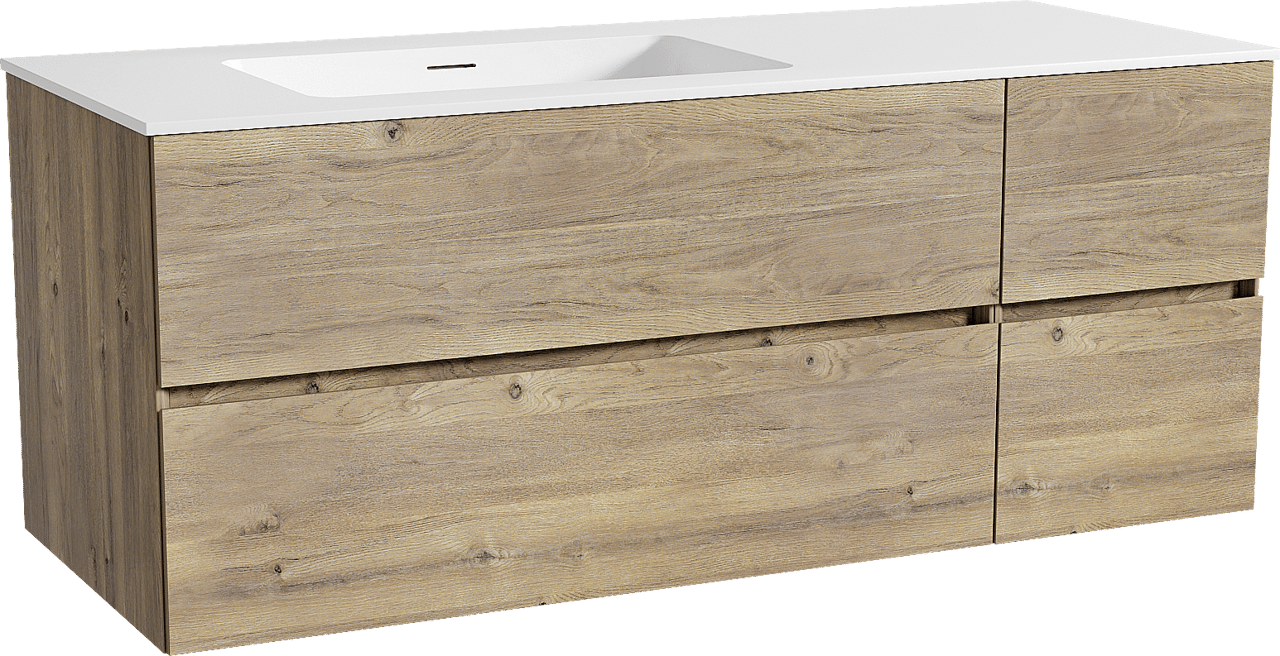 Storke Edge meuble salle de bains suspendu 130 x 52 cm chêne brut avec Mata plan vasque asymétrique à gauche en solid surface blanc mat