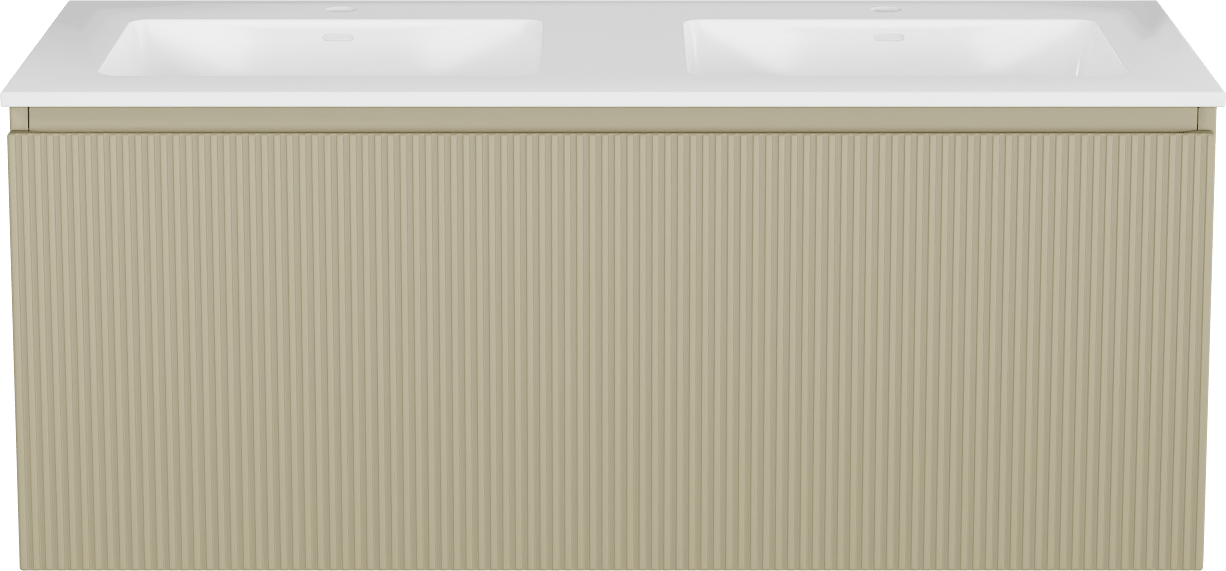 Storke Ribs meuble salle de bains suspendu 120 x 52 cm soie grise avec Bilia double vasque en marbre composite blanc brillant, Nervure droite symétrique verticale